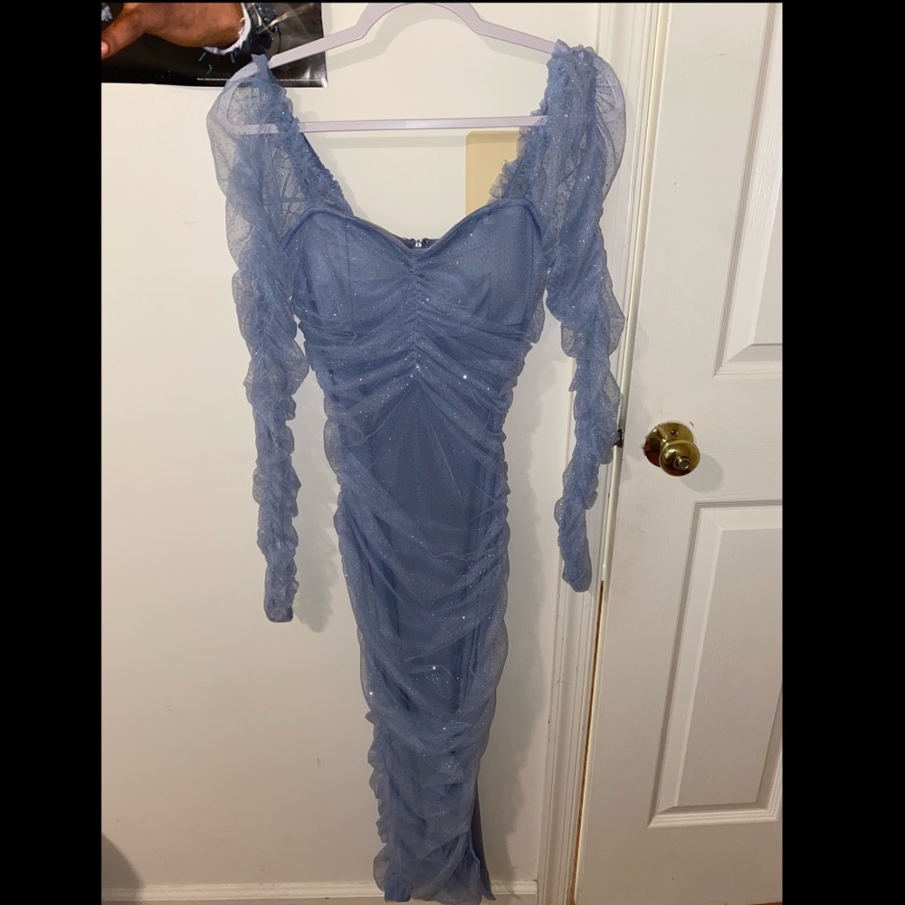 A glittery mesh midi dress, color blue, size medium